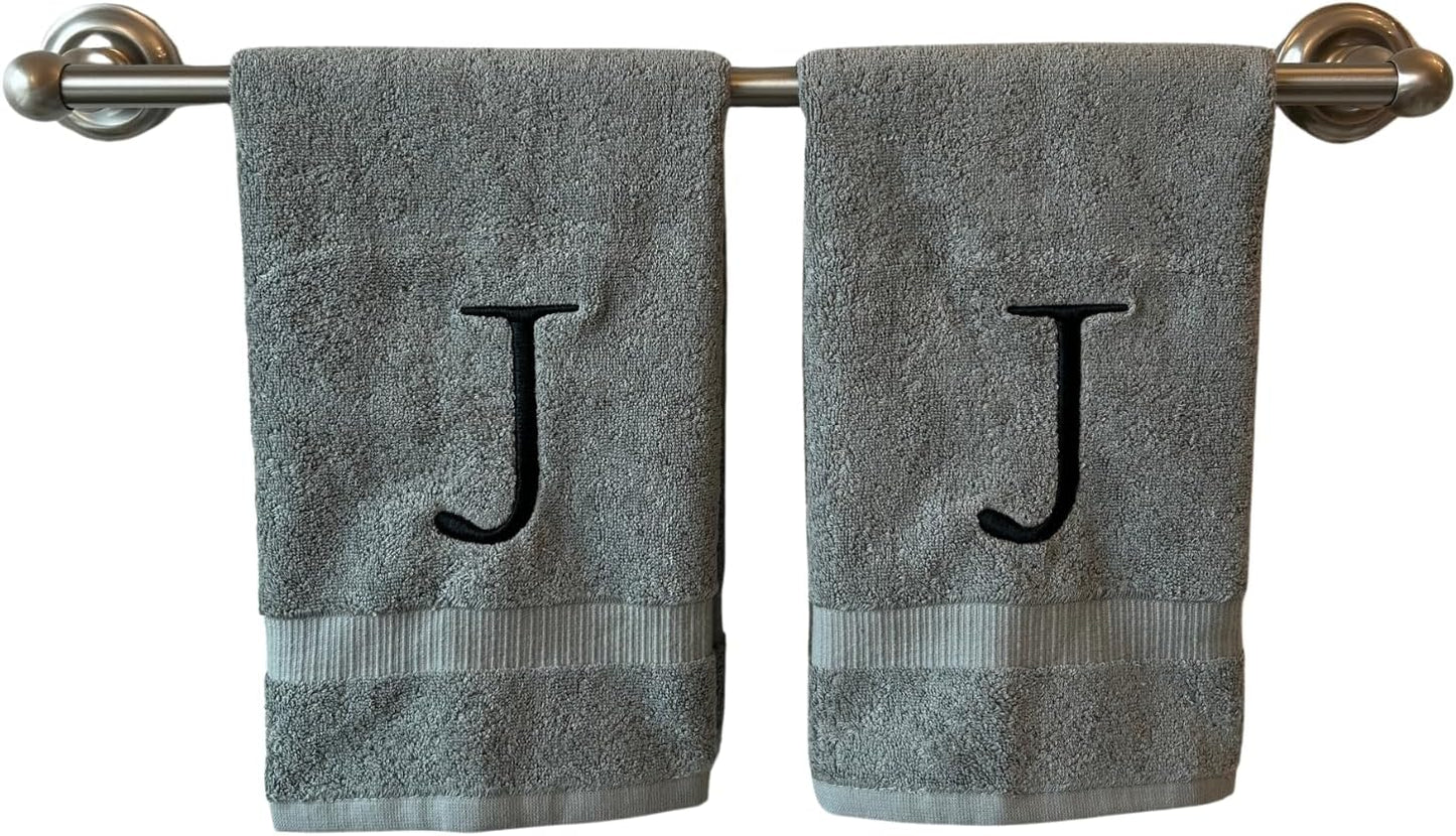 Gray Initial Hand Towel for Bathroom - Monogrammed Luxury Hotel Quality Decorative Embroidered Towel for Powder Room, Spa - GOTS Organic Certified - Set of 2 Black Letter J