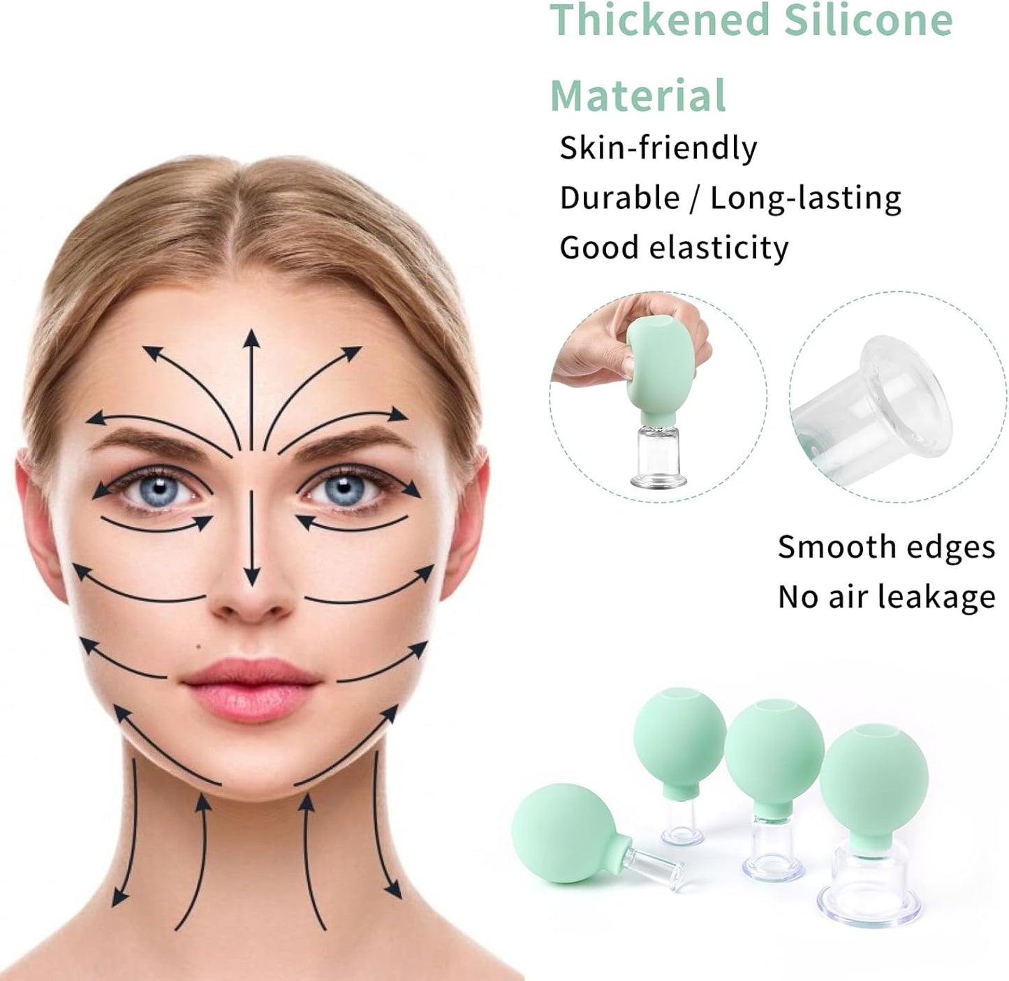 Meifuly Facial Cupping Set, 4 PCS Silicone Vacuum Suction Face Massage Cups, Skin Tightening Kit for Eyes, Face and Body (Green)