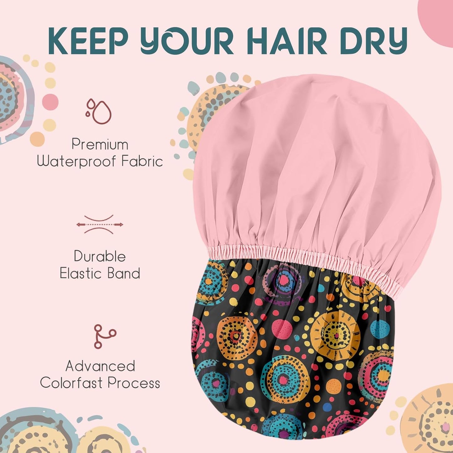 Years calm Luxury Shower Caps for Women Reusable Waterproof – Polka Dot Double Layer Bath Cap with Adjustable Elastic for Braids & Long Hair, Comfortable & Stylish, Versatile Use (Black)