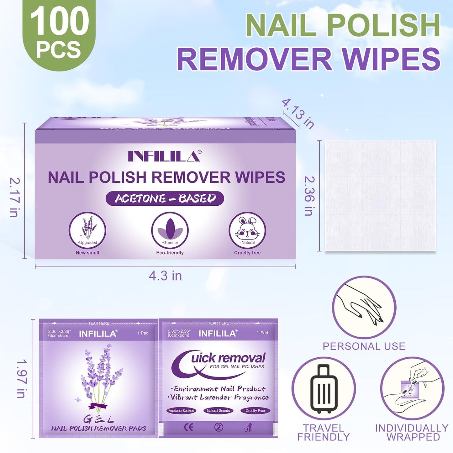 NXJ INFILILA Nail Polish Remover Pads, Nail Polish Remover Wipes Lavender Individually Wrapped Quick and Effective Removal