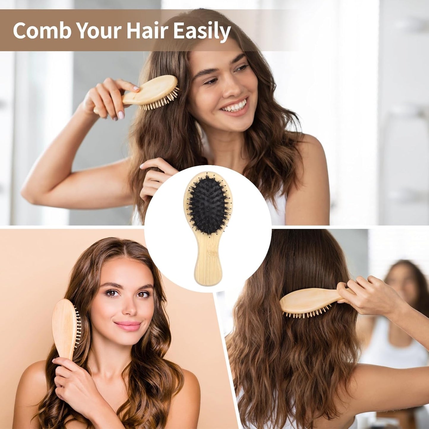 12PCS Mini Boar Bristle Hair Brushes Bulk,Bamboo Small Travel Pocket Paddle Hair Brush for Women Men,Oval Shape,Wooden Handle,Soft Bristles,Ideal for Wholesale and Distribution