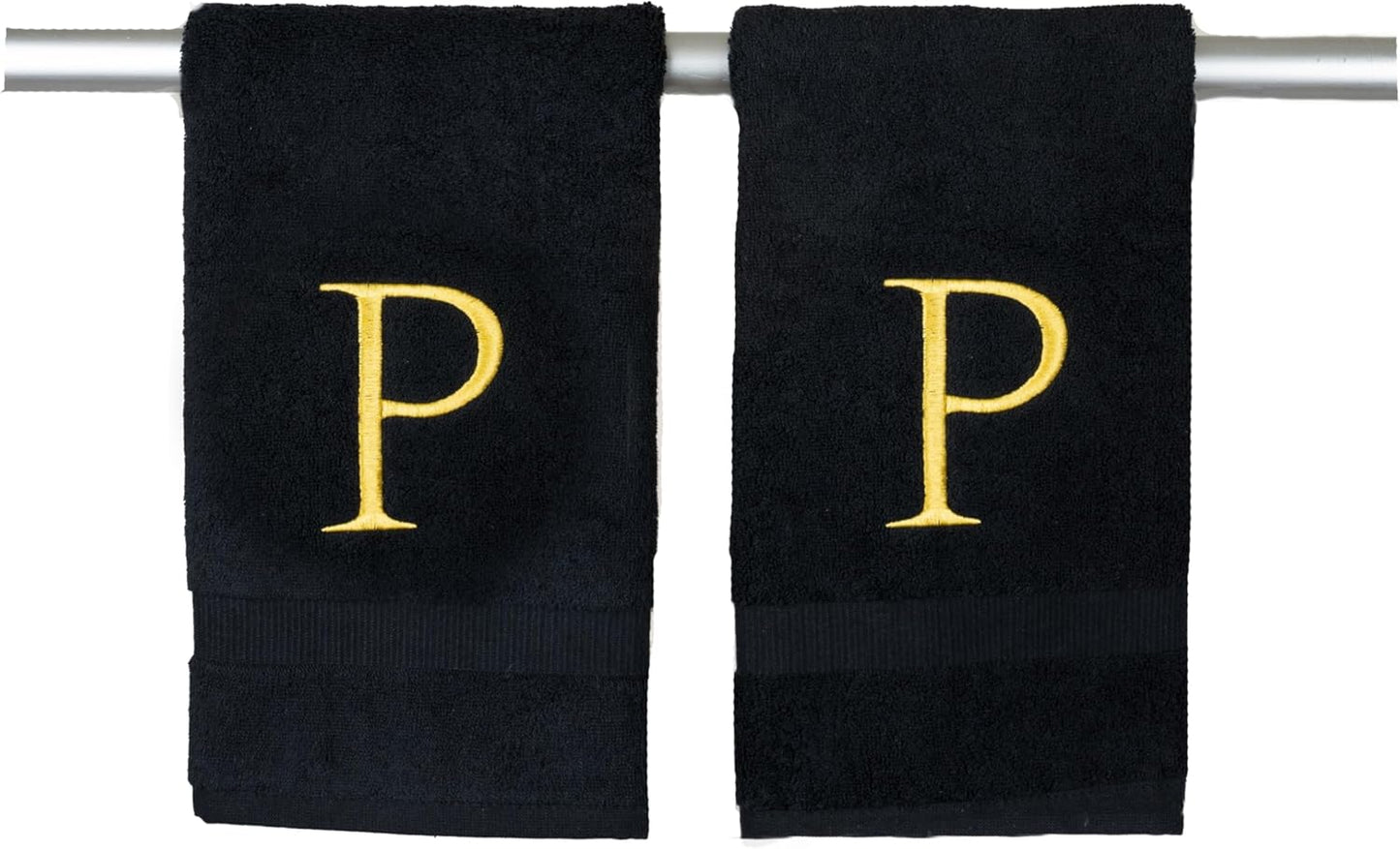 Black Monogrammed Hand Towel for Bathroom - Initial Hotel Quality Decorative Embroidered Luxury Towel for Powder Room, Spa - GOTS Organic Certified - Pack of 2, Letter P