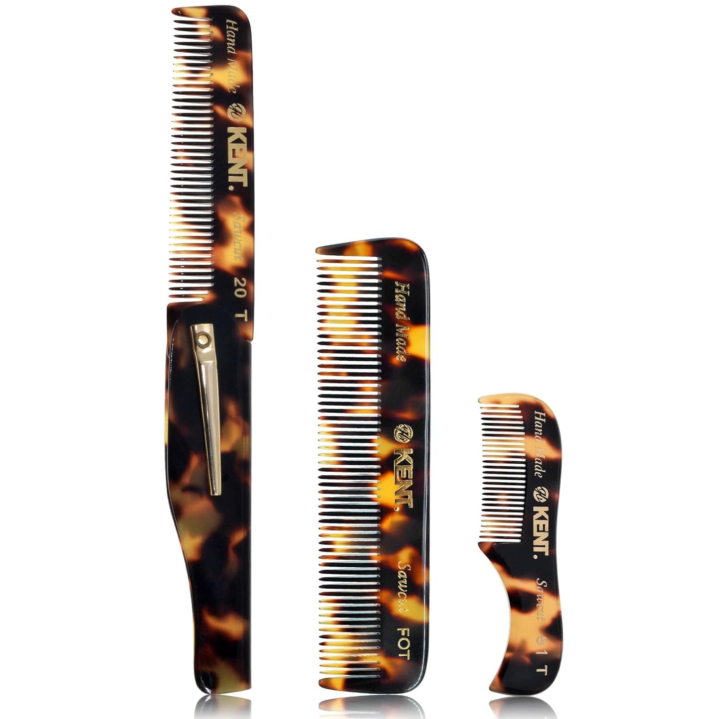 Kent Combs 20T, 81T, FOT for Men Beard Comb Set, Folding Comb for Travel and Home Care, Mustache and Mini Combs for Men, Handmade Mens Beard Grooming Set