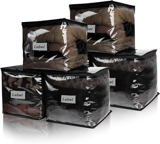 Clear Zippered Storage Bags Plastic Sweater Storage Bags with Zipper 6 Packs Clothing Organizer for Blankets Linen Sweater Bed Sheet Quilt Clothes Pillow (12 x 12 x 12 Inch, Black)