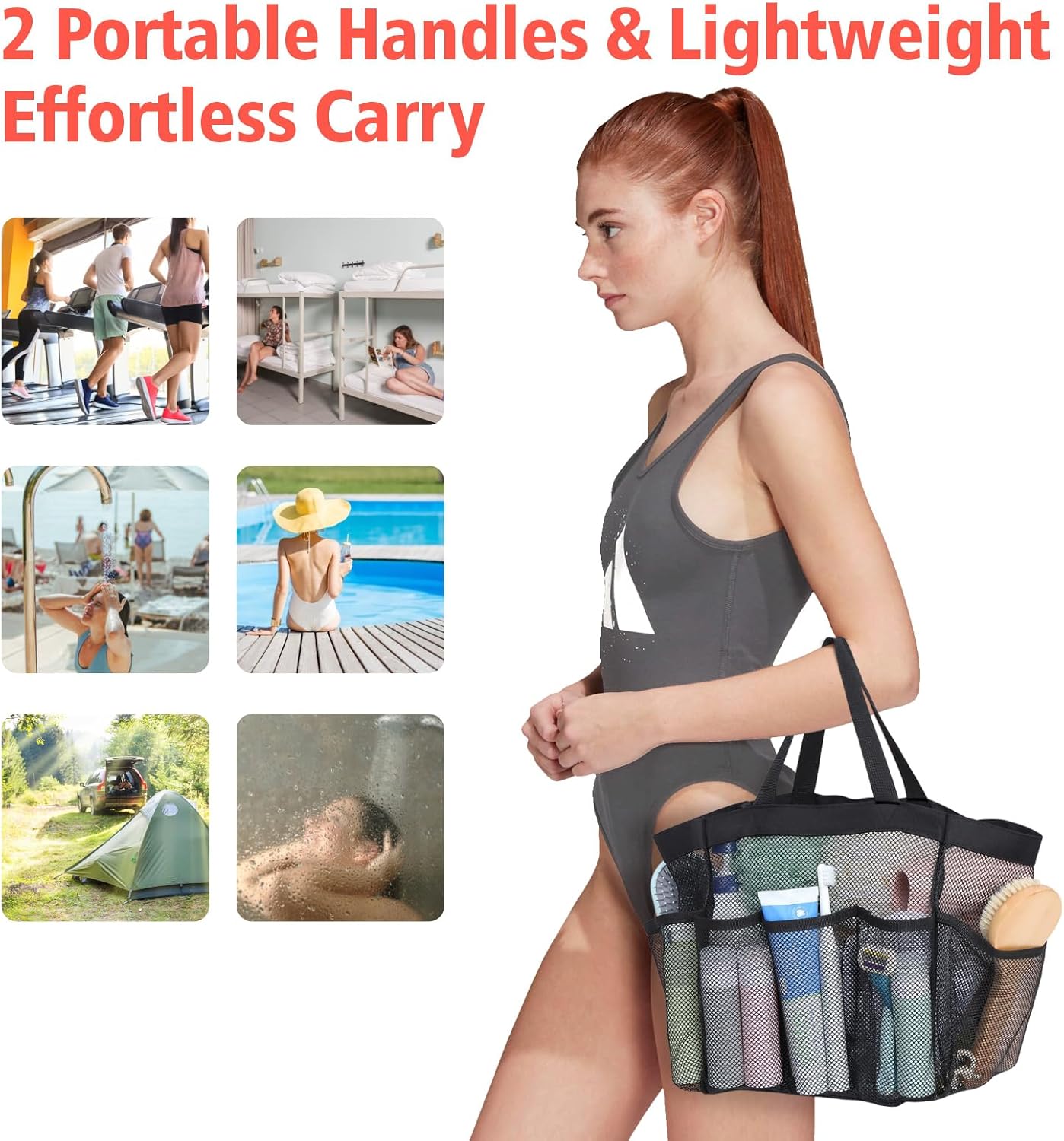 F-color Mesh Shower Caddy Portable with 2 Pack Name Tags, Upgrade Deeper 7 Pockets Shower Bag Tote for College Dorm Room Toiletry Bathroom Essentials Gym Camp Quick Dry 2 handles with S Hook, Black