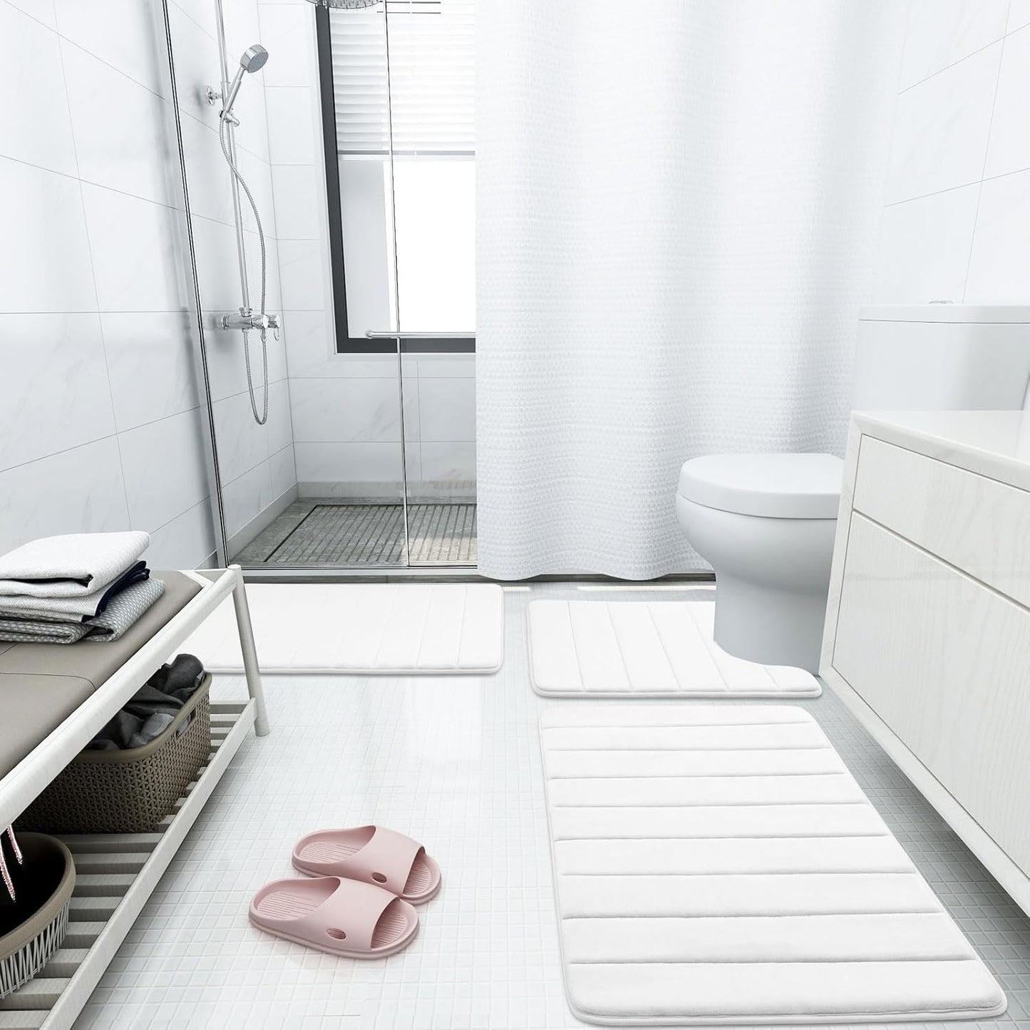 Buganda Memory Foam Bath Mat, 60" x 24", Ultra Soft and Non-Slip Bathroom Rugs, Water Absorbent and Machine Washable Bath Rug Runner for Bathroom, Shower, and Tub, White