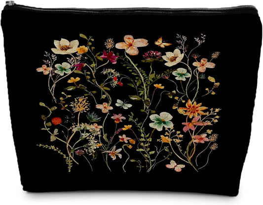 Black Floral Makeup Bag - Small Flower Zipper Cosmetic Bag for Women & Girls