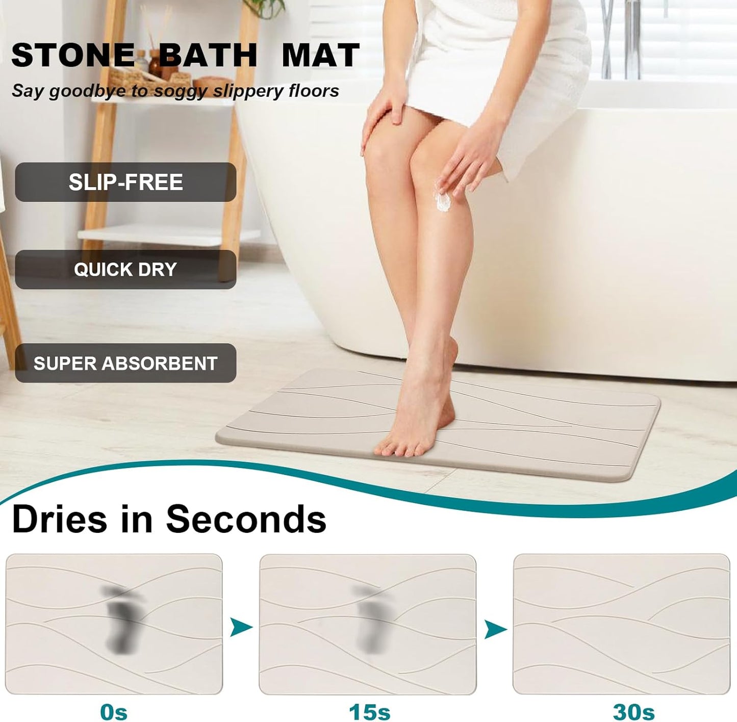 Elfcool Stone Bath Mat Diatomaceous Earth Shower Mat Non Slip Quick Dry Bath Stone Mat Super Absorbent Bathroom Floor Mat for Bathroom Kitchen Counter (Off White 01)