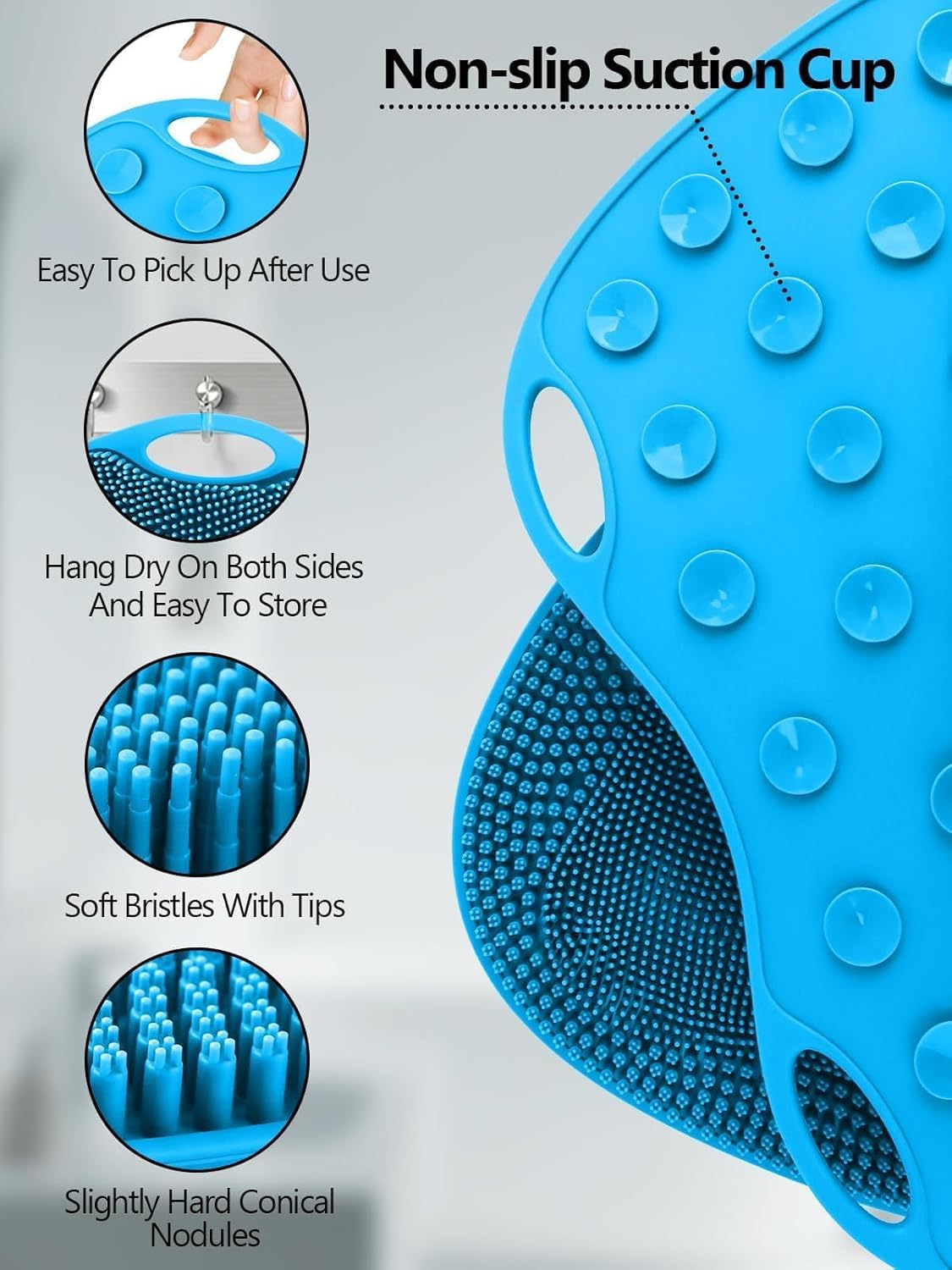 Kalolary Silicone Shower Foot Scrubber Mat, Large Foot Scrubber in Shower with Non Slip Suction Cups Foot Cleaner Brush to Clean Exfoliate and Massage Feet Without Bending Over Easy to Clean (Blue)