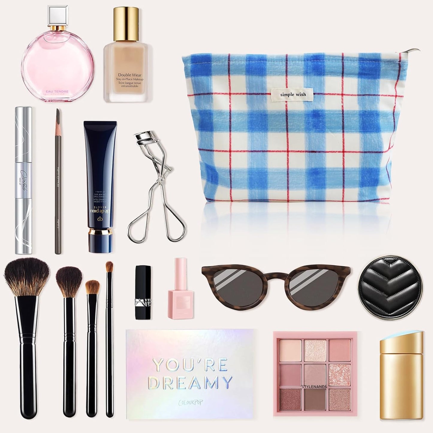 Wudygirl Makeup Bag Canvas Cosmetic Bag for Women Aesthetic Make up Organizer Travel Makeup Pouch Toiletry Bag Cute Zipper Pouch Handbag (Blue White Line)