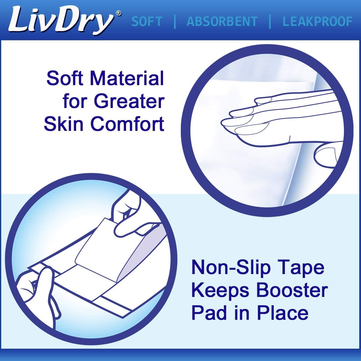 Incontinence Booster Pads by LivDry | Extra Absorbent Protection for Adults, Unisex | Disposable Comfortable Pad (48 Count, Long Length)
