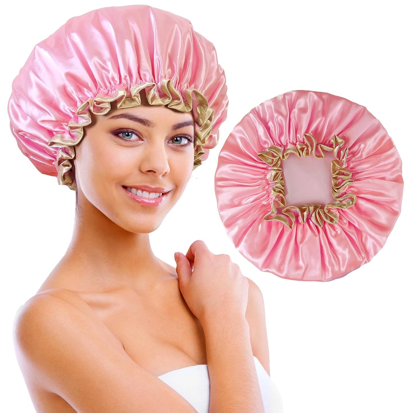 Shower Cap Reusable Waterproof, Large Shower Cap for Women, Shower Caps for Braids Long Hair, Double Layer Satin Plastic Hair Cap for Shower