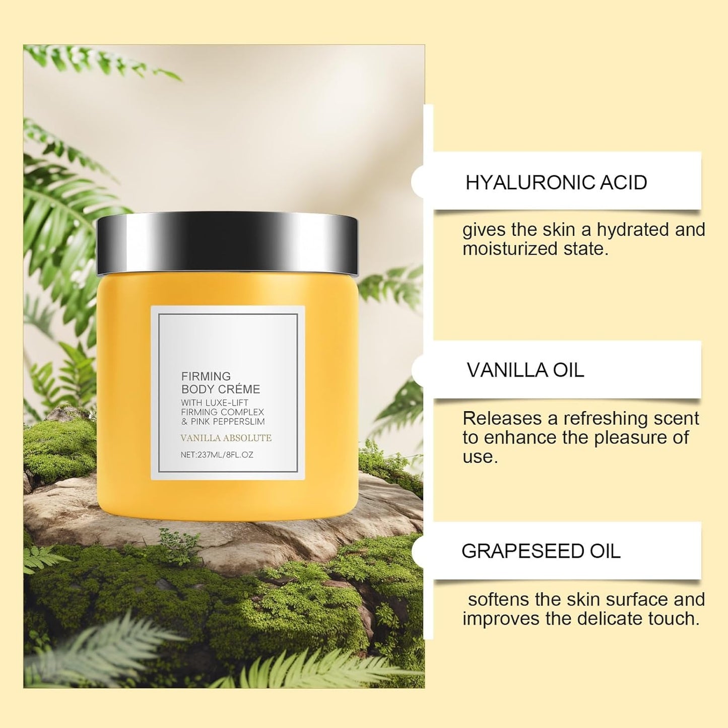 Champagne Lift Body Creme, Firming Complex and Pink Pepperslim Skin Moisturizer Tightens Hydrates Dry Skin Arms & Legs. (Vanilla)