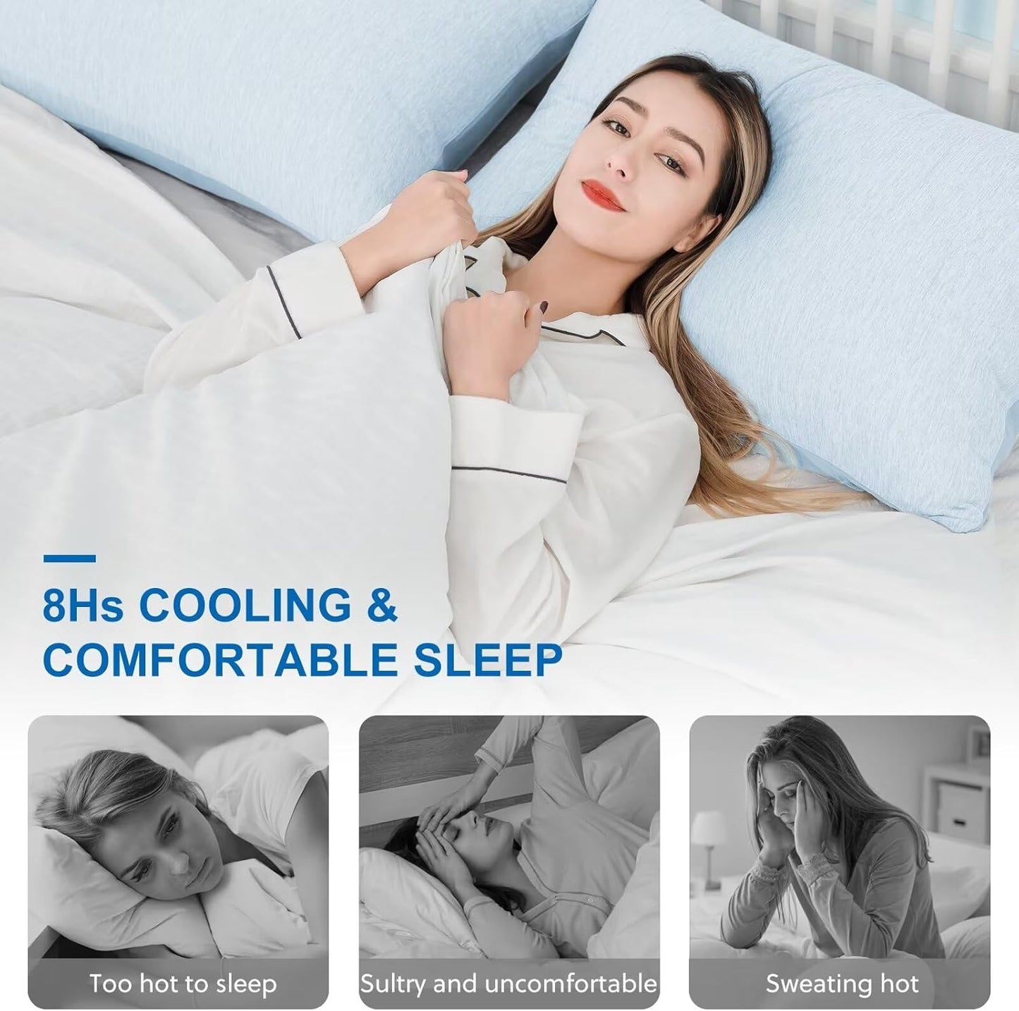 HOMFINE Cooling Pillowcase Body Size - Double Side Q-Max 0.439 Cooling Fiber for Pillow Protector, Breathable Long Cold Pillow Cover for Hot Sleeper Night Sweat, Zipper, 1 Pack (20"x54", Light Blue)