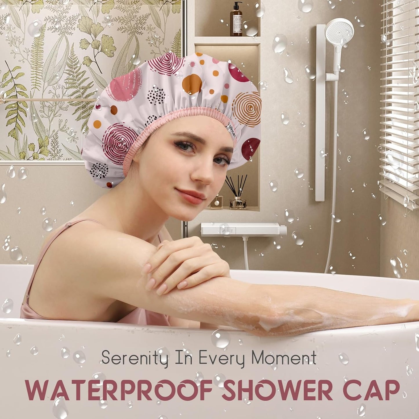 Years calm Luxury Shower Caps for Women Reusable Waterproof – Polka Dot Double Layer Bath Cap with Adjustable Elastic for Braids & Long Hair, Comfortable & Stylish, Versatile Use (Pink)