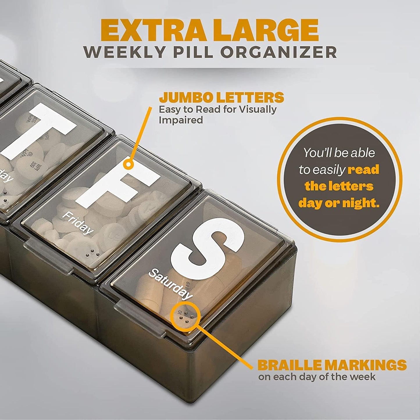 Weekly Pill Organizer - (Pack of 4) Extra Large Vitamin Container with Jumbo Easy to Read Letters, BPA Free - Daily Travel 7 Day Medication Pill Box Case, (Black)