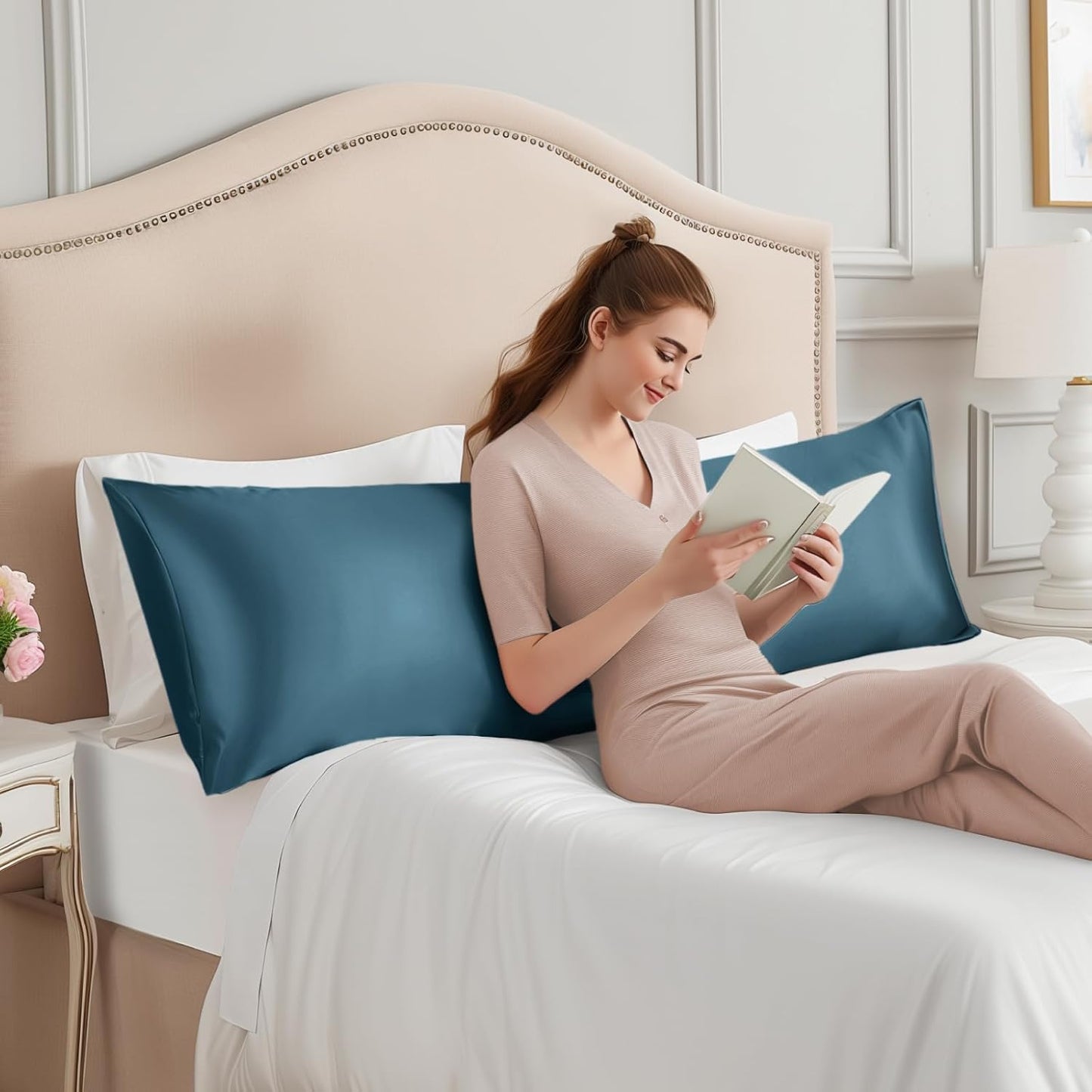 INFIIXSO Body Pillow Cover with Zipper, Luxury Mulberry Silk Body Pillow Case 20x54 Inches, Ultra Smooth and Soft Cooling Long Pillowcase, Gift for Women, Men(Bluesteel)