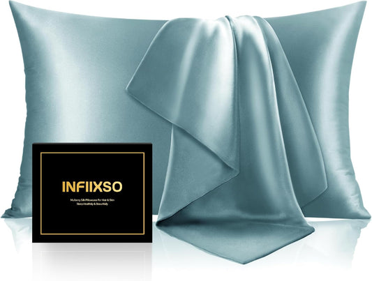 INFIIXSO Mulberry Silk Pillowcase for Hair and Skin, Silk Pillow Cases King Size with Hidden Zipper 20x40 Inches, Super Smooth and Soft Cooling Pillow Cases for Hot Sleepers(Haze Blue, 1 Pack)
