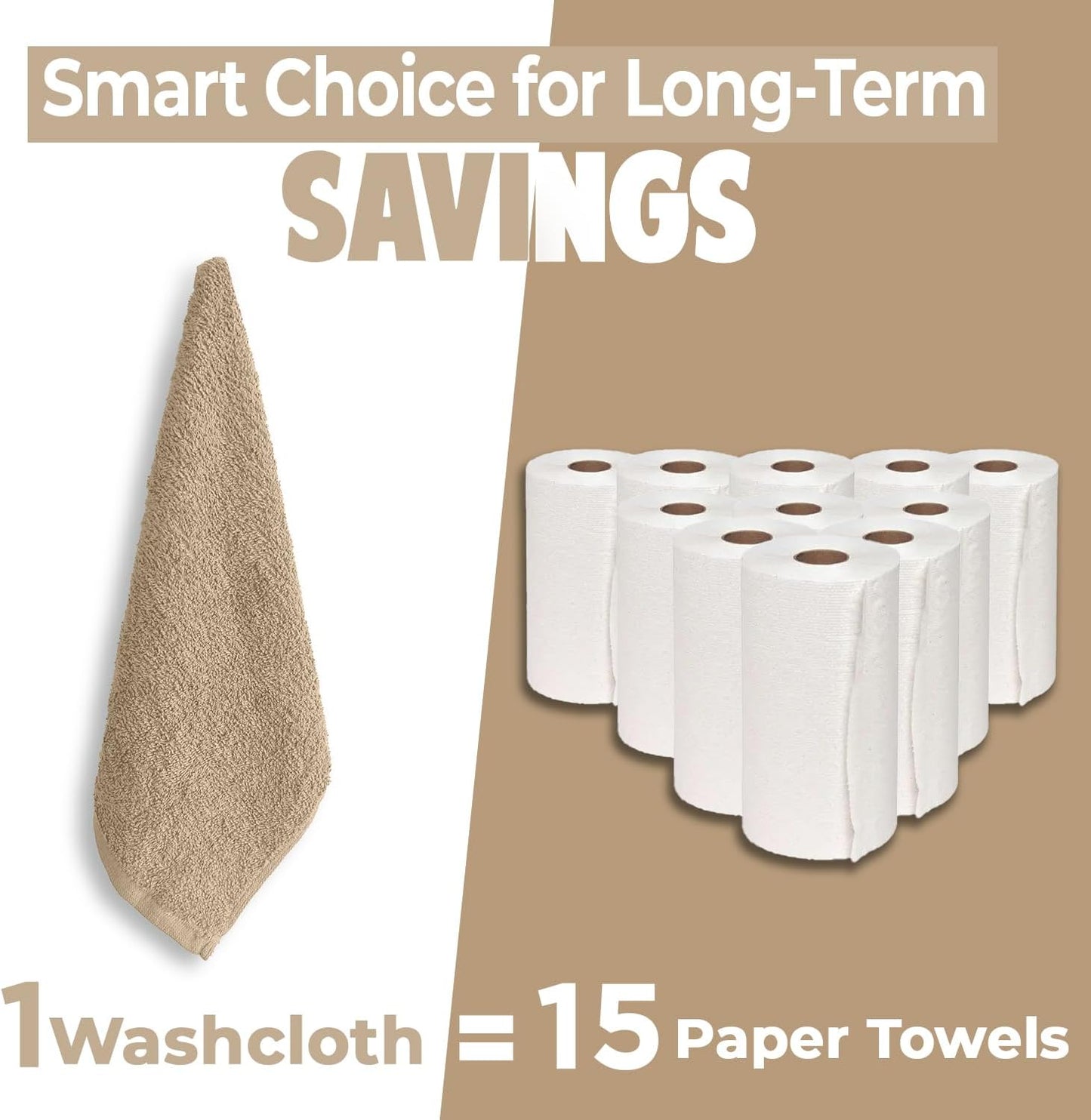 DAN RIVER 100% Cotton Wash Cloths 12 Pack [12x12] Soft & Absorbent washrags, Gym, Hotels & Spa Perfect for Everyday Use Fingertip Towels,Tan