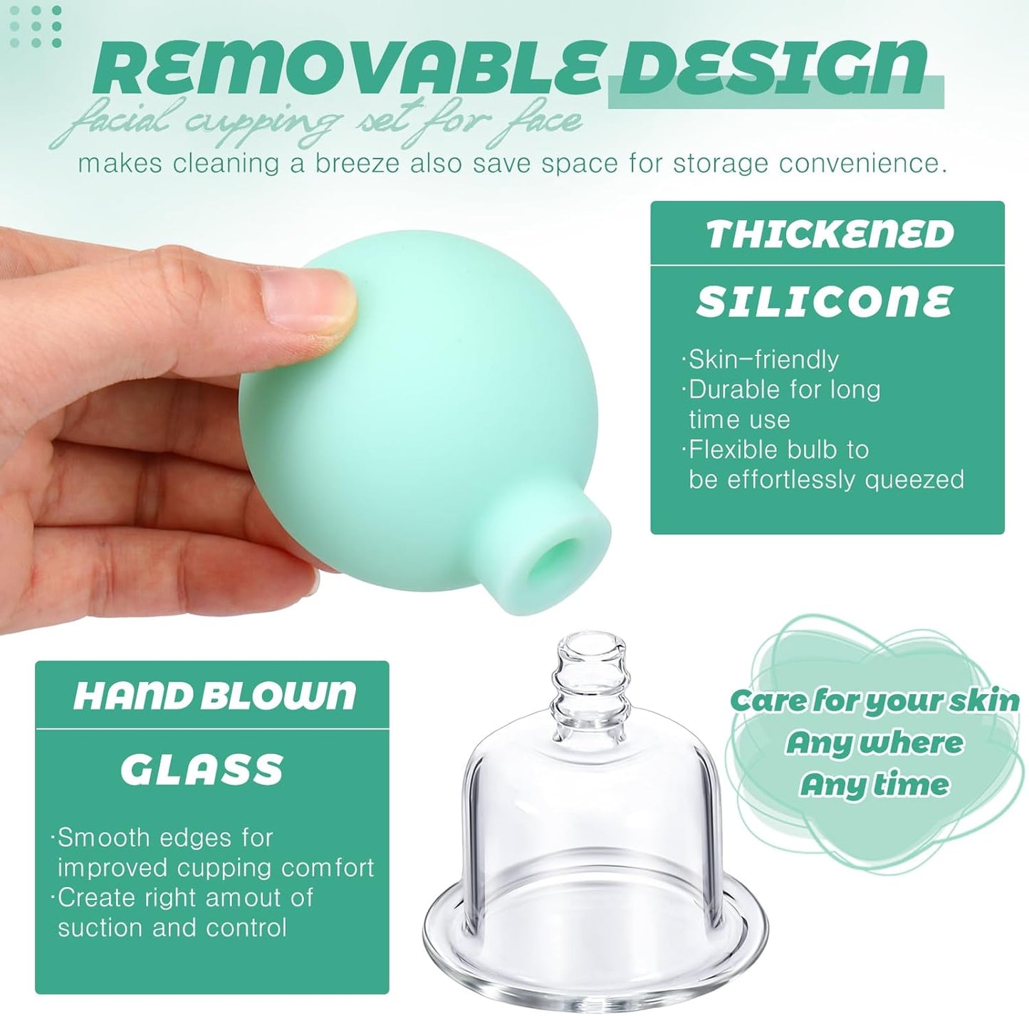 BBTO 4 Pieces Glass Cupping Set Glass Silicone Cupping Cups Massage Vacuum Suction Cupping Cups for Body Face Leg Arm Back Shoulder Muscle and Joint Pain (Mint Green)