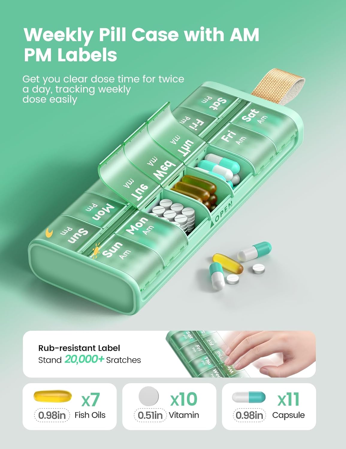 Weekly Pill Organizer AM PM 7 Day Pill Box, Large 2 Times a Day Medicine Case with Carry Handle, Moisture-Proof Desiccant & Secure Easy-Open Lids for Vitamins and Supplements