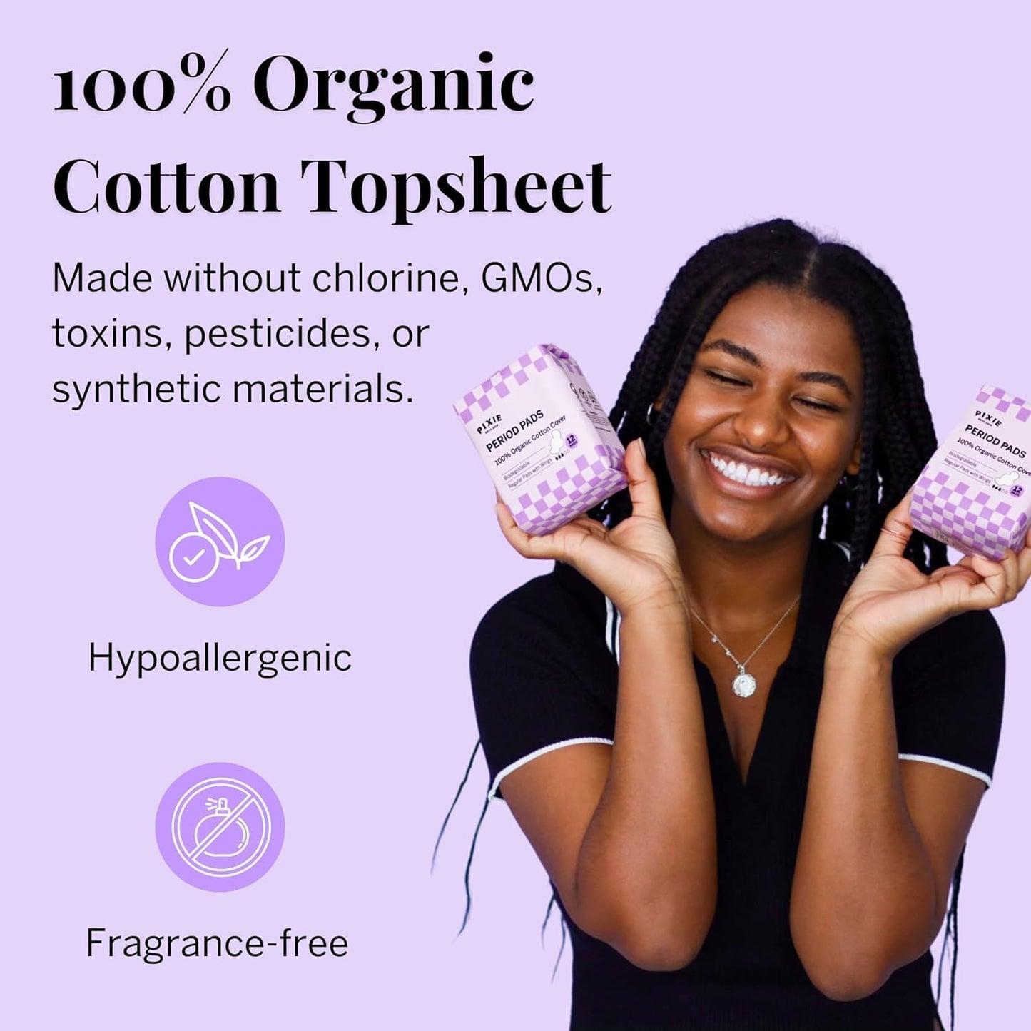 Pixie Organic Cotton Pads for Women - Ultra Thin with Wings, Leak-Proof & Moisture-Wicking - Compostable, Unscented Menstrual Pads - Regular Absorbency - 12 Count