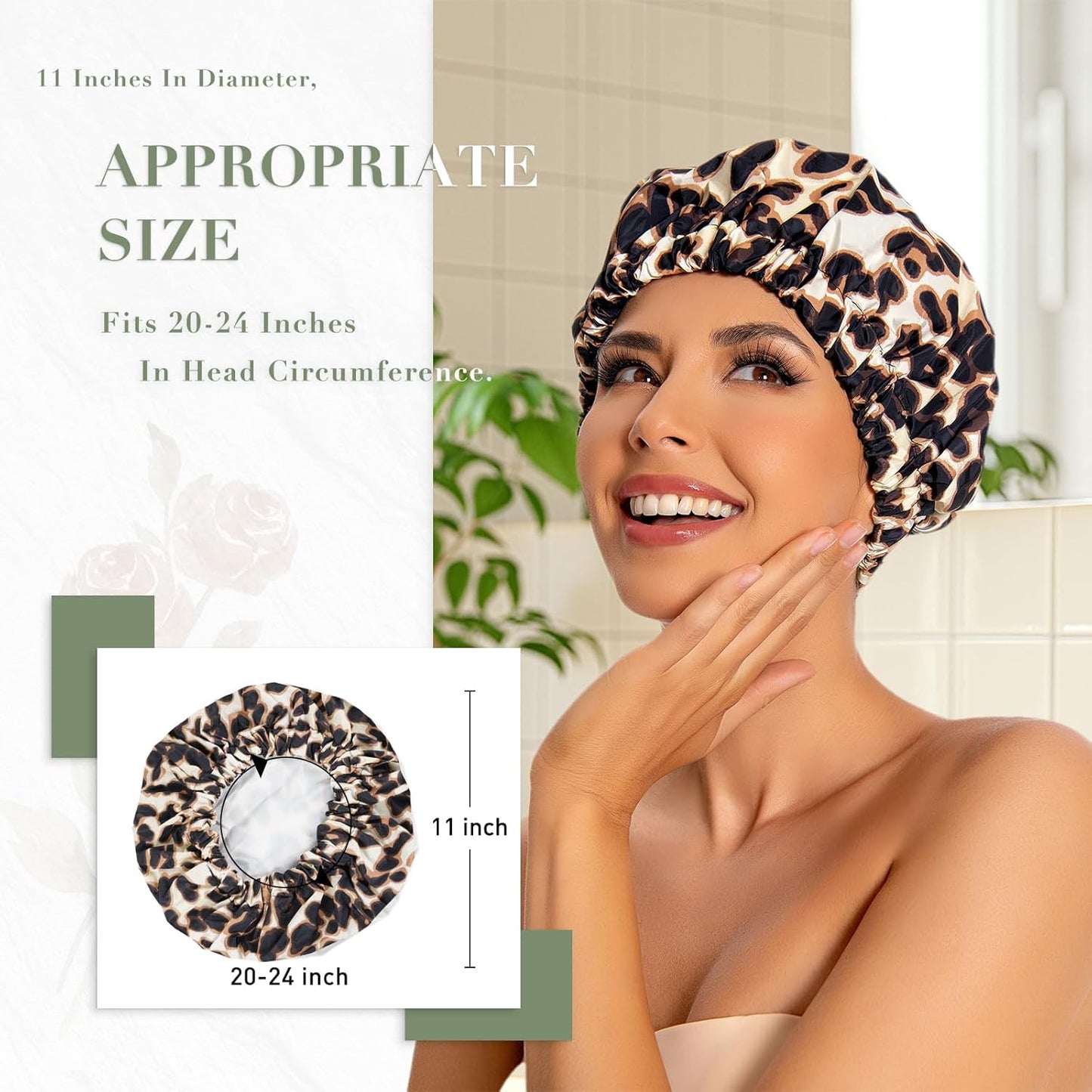 Reusable Shower Cap for Women, Large Waterproof Shower Essentials Bonnet Washable Elastic Band Bath Hair Wrap Hat for Long Hair, Braids(Leopard)