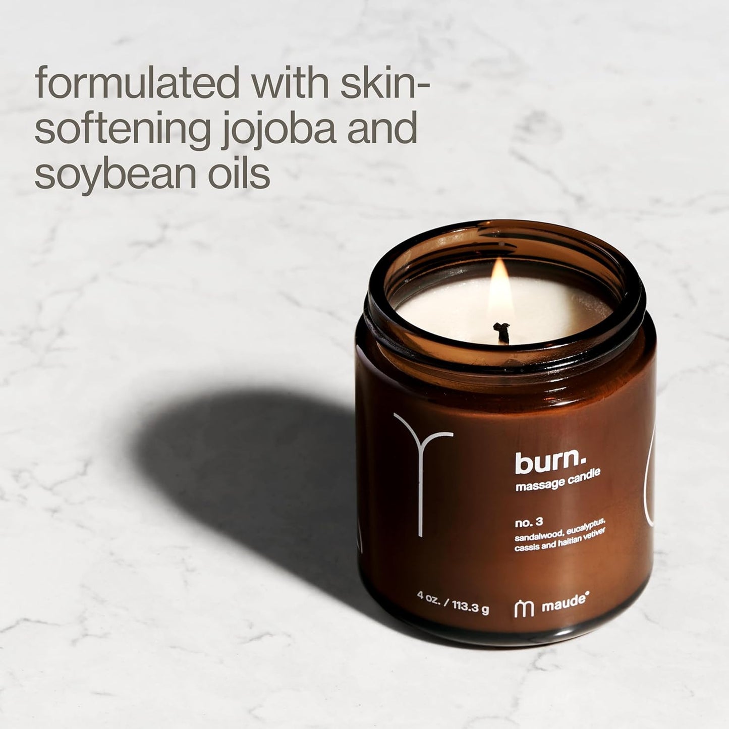 Maude Burn No. 3 - Jojoba Oil Massage Candle with Hydrating, Skin-Softening Soybean Oil - Massage Oil Candle with Notes of Eucalyptus + Sandalwood - Home + Self Care Gifts for Women & Men (4 oz)