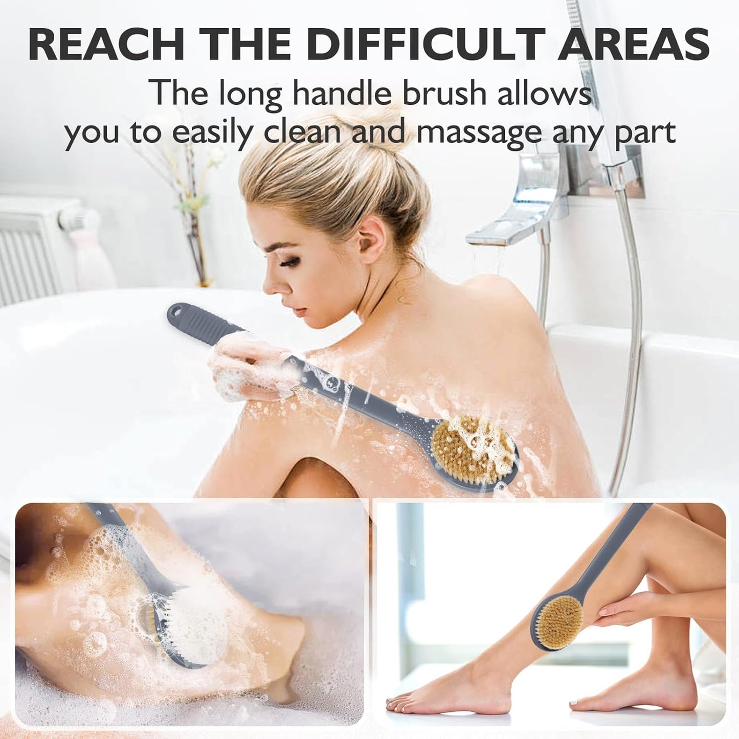 VANZAVANZU 17 Inch Anti-Slip Long Handle Back Scrubber for Shower – Dual-Sided Shower Brush and Shower Back Scrubber with Soft and Stiff Bristles for Wet or Dry Brushing (Gray)