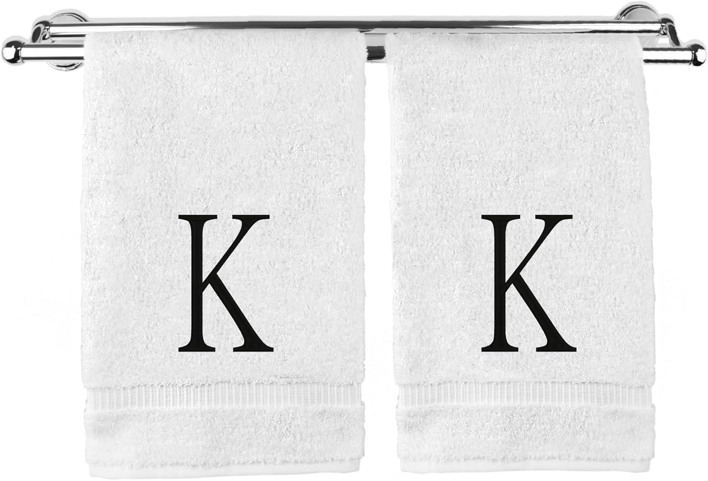 Monogrammed Hand Towel, Personalized Initial Gift, Extra Absorbent 100% Turkish Cotton - Soft Terry Finish - Set of 2 - Black Block Initial K - Embroidered on White Towels