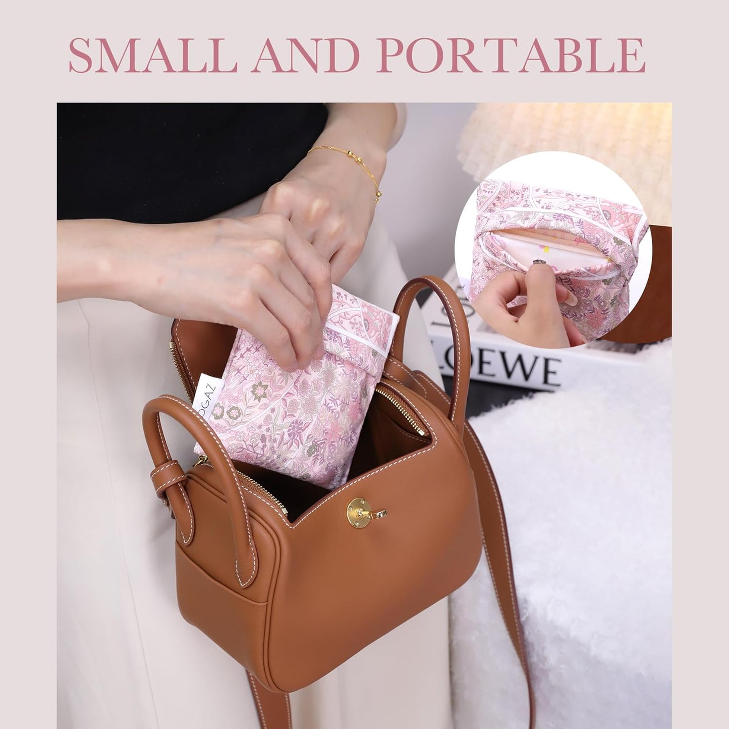 DGAZ Sanitary Napkin Storage Bag, Period Bag for Teen Aged Girls, Portable Period Bag for Panty Liners/Menstrual Cup/Small Tampons，Mini Makeup Bag for Purse(Peach Blossoms)