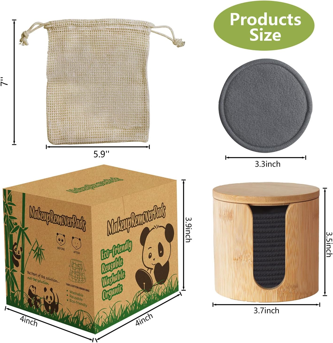 Reusable Cotton Rounds 16Pcs - 100% Natural Bamboo Cotton Pads for Face, Makeup Remover With Laundry Bag and Bamboo Holder (Gray)