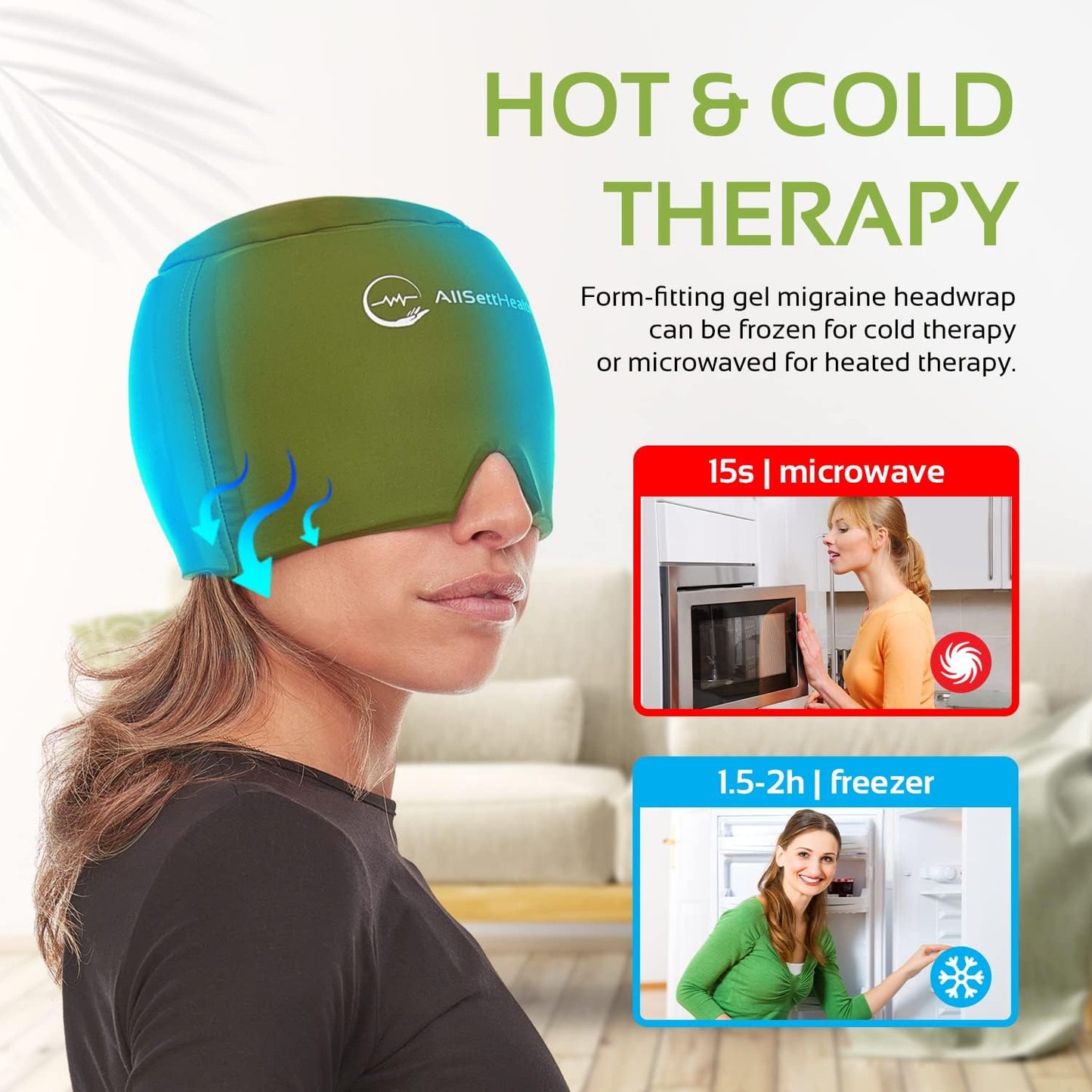 Migraine Relief Cap Ice Head Wrap Headache and Migraine Hat | Headache Relief with Hot/Cold Gel Head Ice Pack with Face and Eye Headache Mask Compress - Green