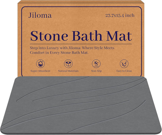 Stone Bath Mat Diatomaceous Earth Shower Mat Non-Slip Super Absorbent Bathroom Floor Mat Quick Drying Natural Easy to Clean(24 * 16 Grey)