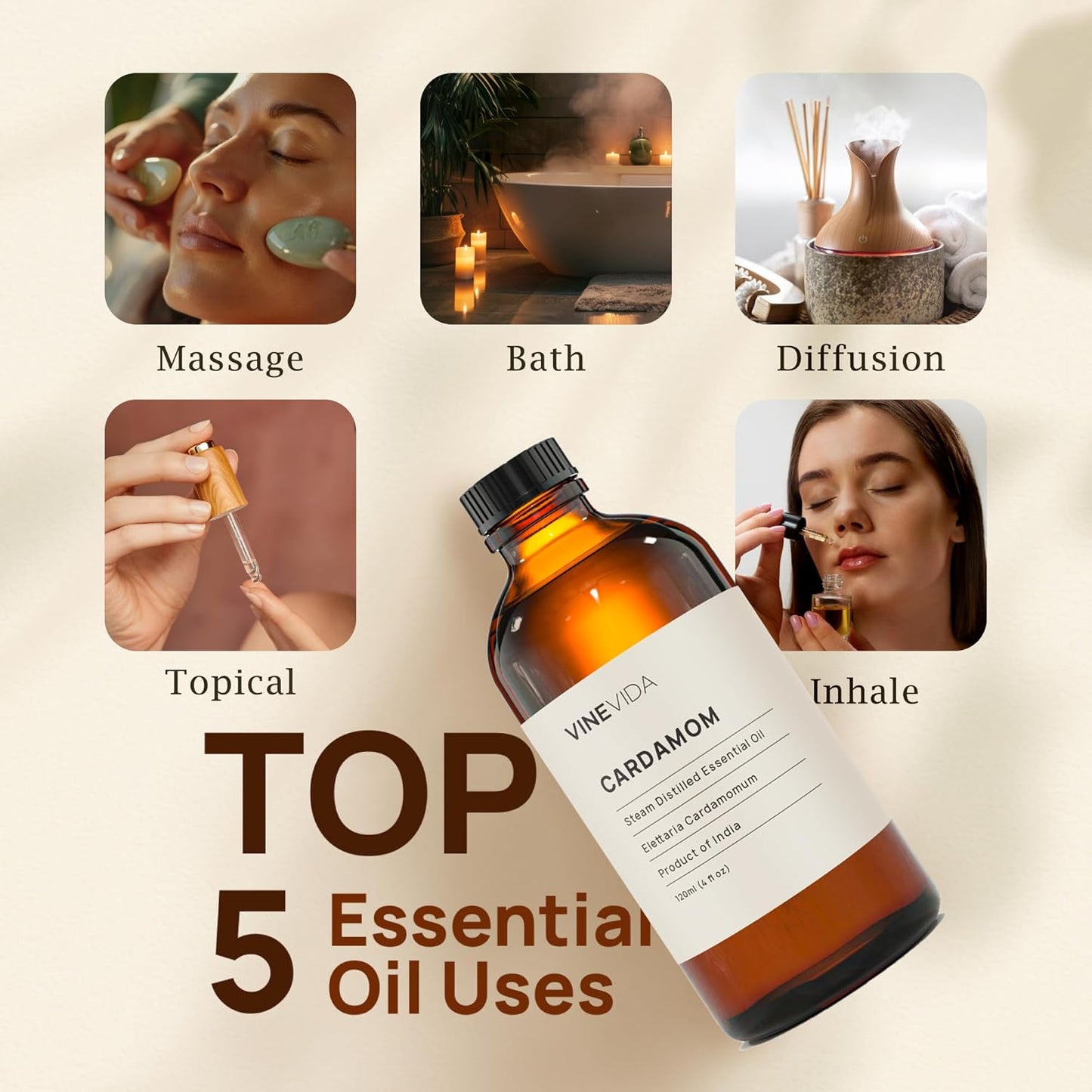 VINEVIDA Cardamom Essential Oil 4 oz - Undiluted Candle Scent DIY Scents for Candlemaking Bulk Soap Making Safe Skin, Pack of 1, 120.0 milliliters