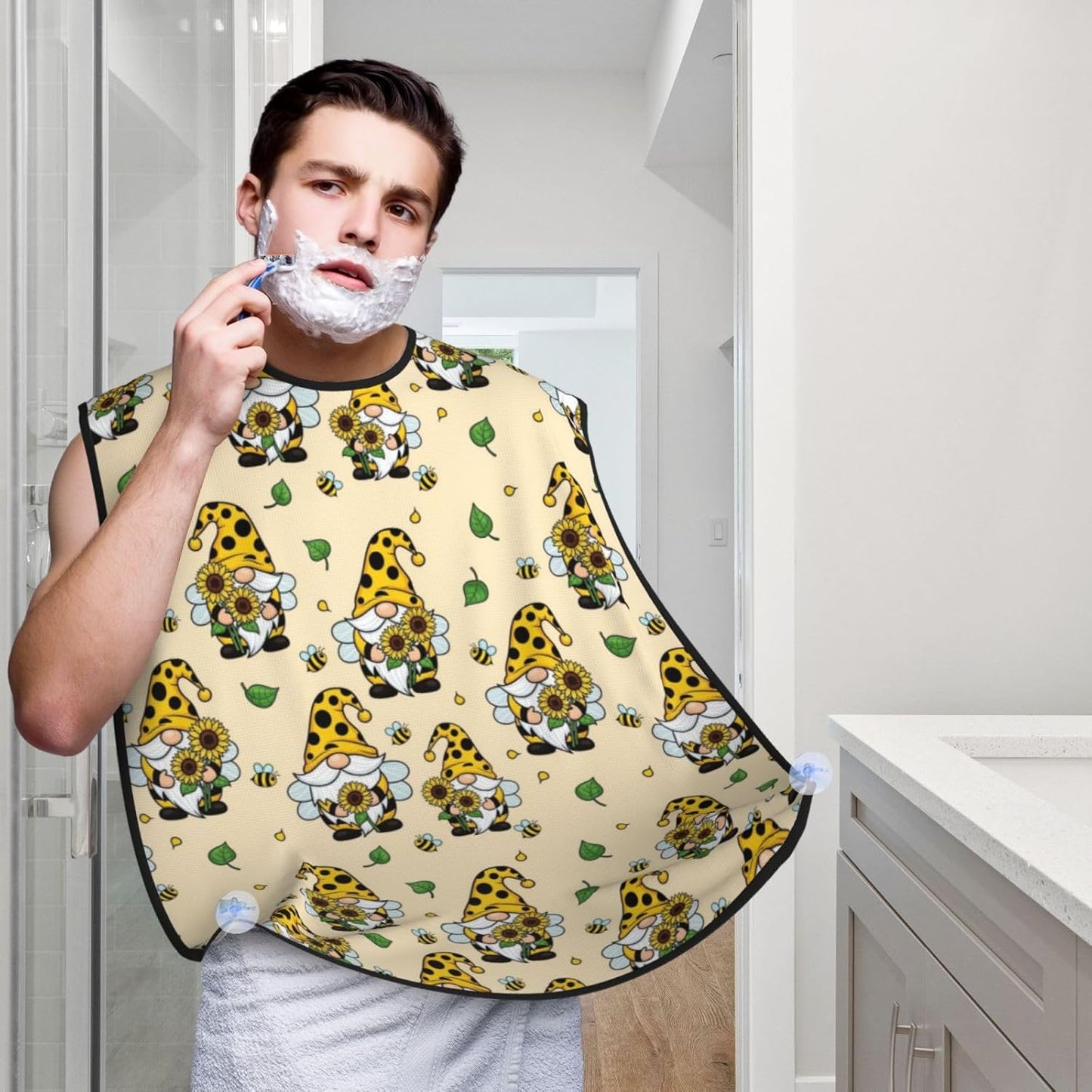 Strong Suction Cup Beard Grooming Bib, Non-Stick Hair Catcher, Waterproof, for Shaving, Gnomes Bees and Sunflowers