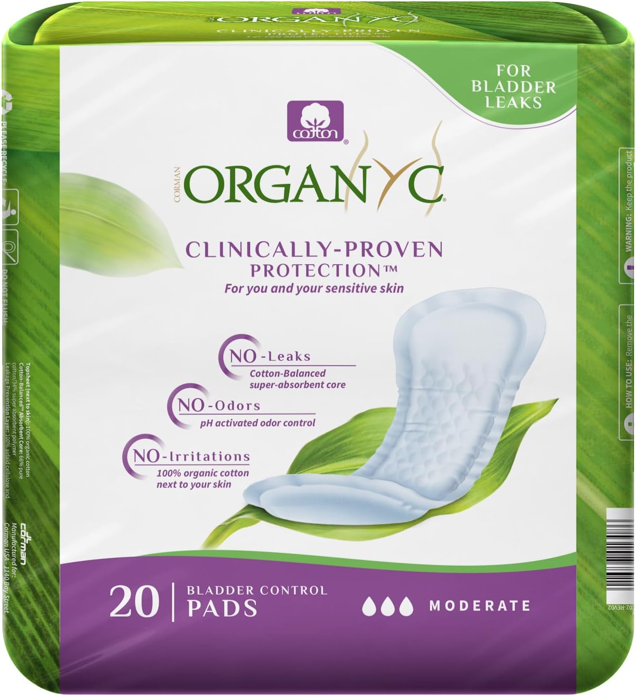 Organyc - 100% Organic Cotton Inside and Out Incontinence Pads for Bladder Leaks - Certified Odor Control, FSA/HSA Eligible, Moderate Flow, Regular Absorbency, 20 Count…