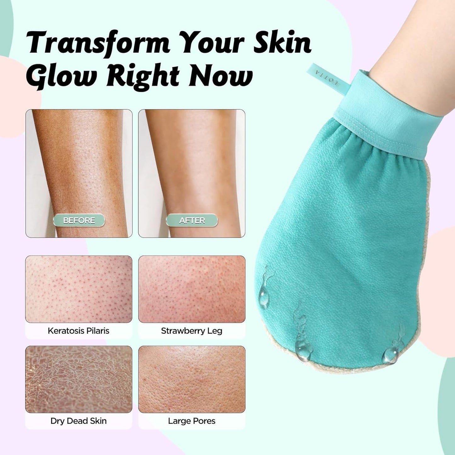 LOTTA Dual-Sided Exfoliating Gloves - Natural Viscose & Sisal for Deep Body Scrub & Massage - Gentle for Sensitive Skin - Replaces Loofah (Green-Soft)