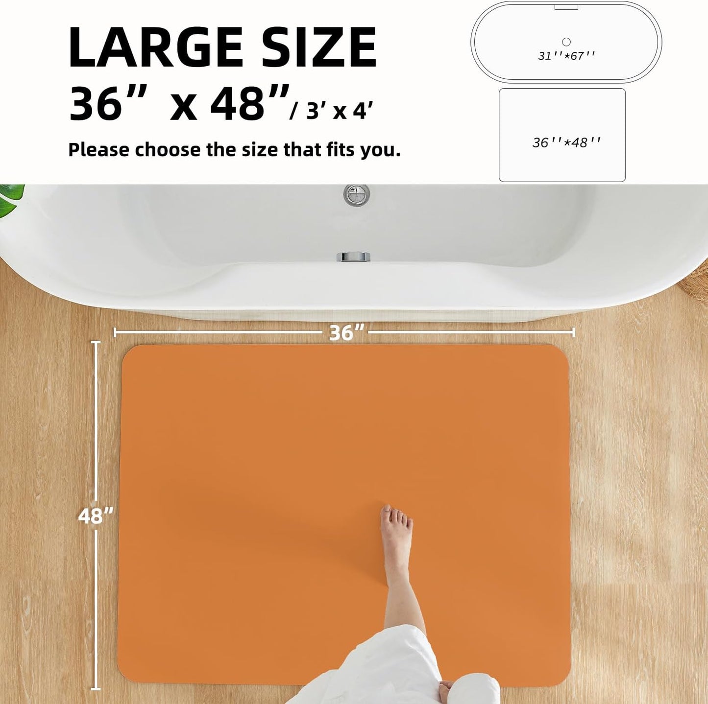 Bathroom Mat Quick Dry, Bathroom Rugs Non Slip Washable Thin Absorbent Bath Mat Fits Under Door Bathroom Floor Mat Perfect for Bath, Shower, or Sink 36"x48" Orange