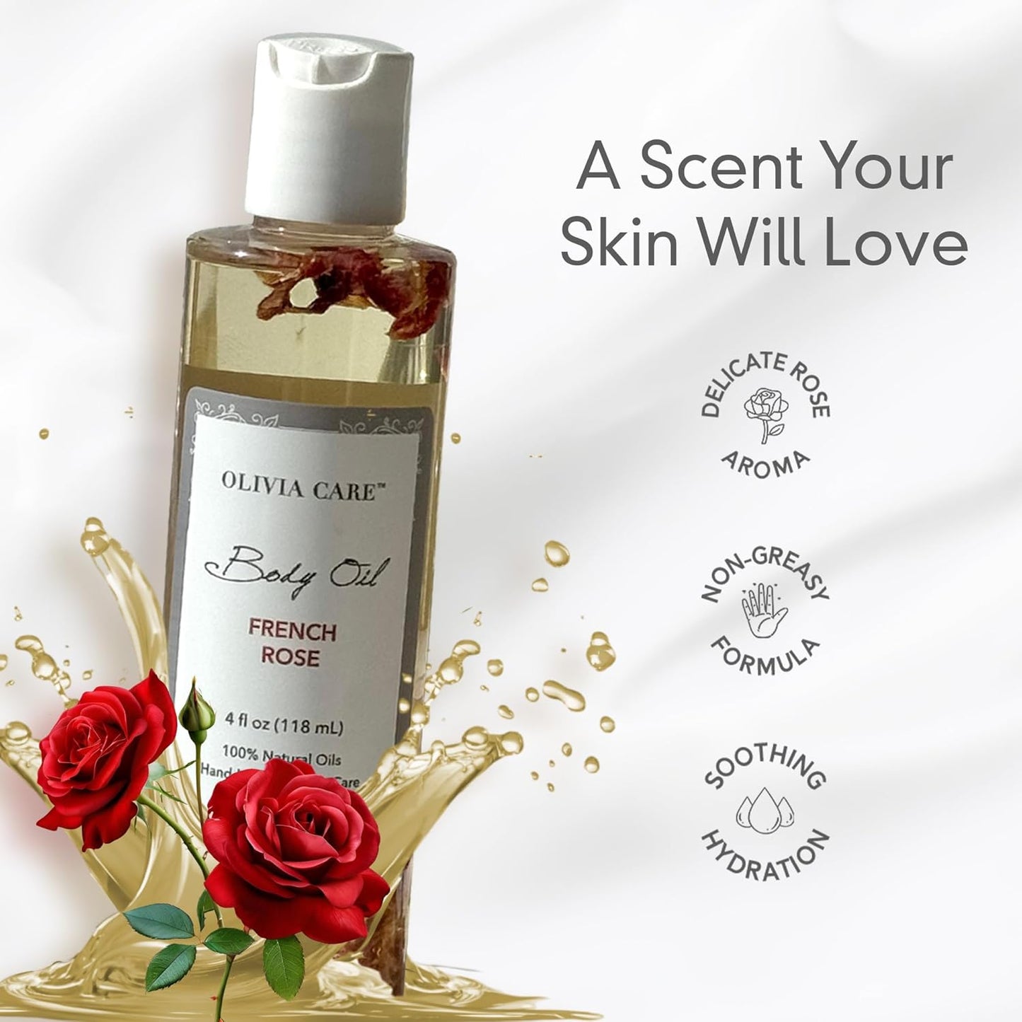 Olivia Care Body Oil - Natural Perfume Oil For Women | Hydrating & Moisturizing After Bath Oil - Infused with VITAMIN E, K & Omega Fatty Acids - Reduce Dry Skin (French Rose)