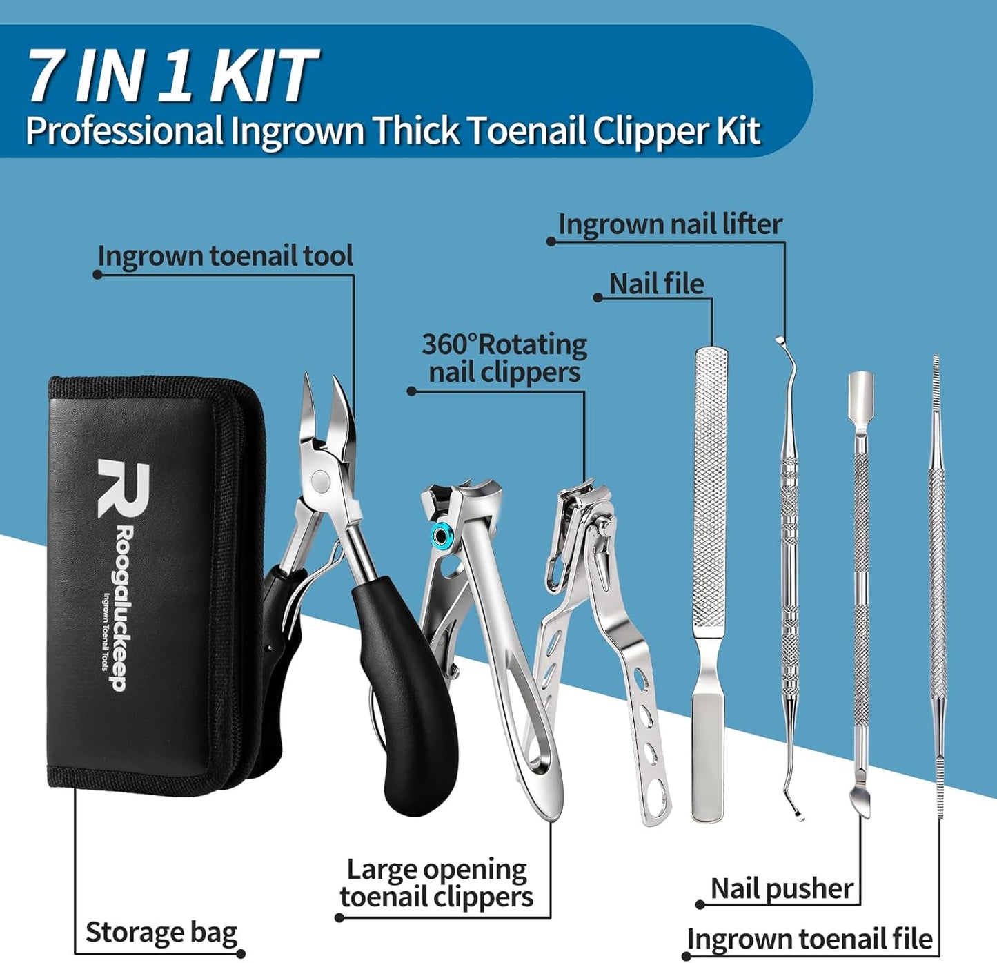 Professional Ingrown Toenail Clippers 7-Piece Set – 360° Rotating Nail Clipper, Toenail Lifter & Wide Opening Nipper | Podiatrist-Recommended Foot Care Kit for Thick & Ingrown Nails