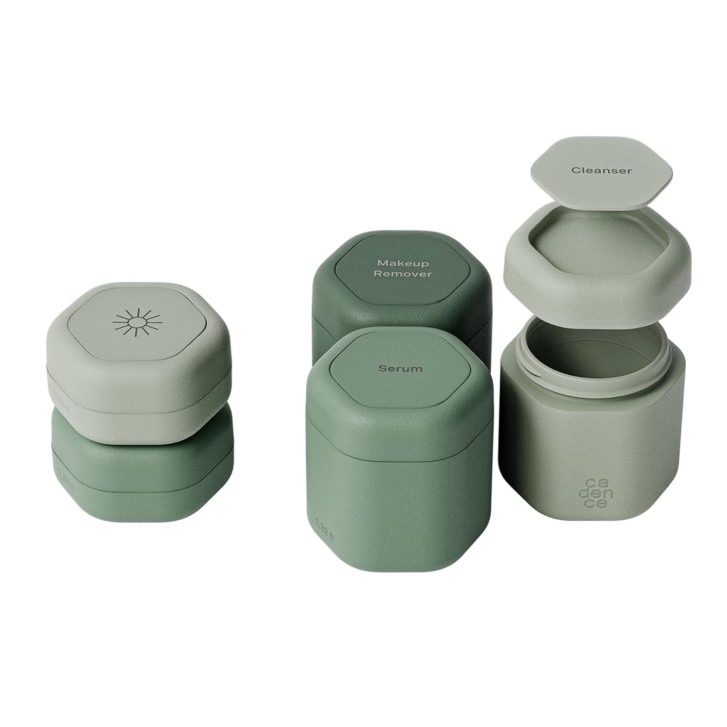 Cadence Travel Containers - Core Skincare Set - Magnetic Containers with Lids,2 Small (0.56oz) & 3 Medium (1.32oz) - Cleanser, Moisturizer, Serum, Makeup Remover & Sun Icon Labels - Evergreen