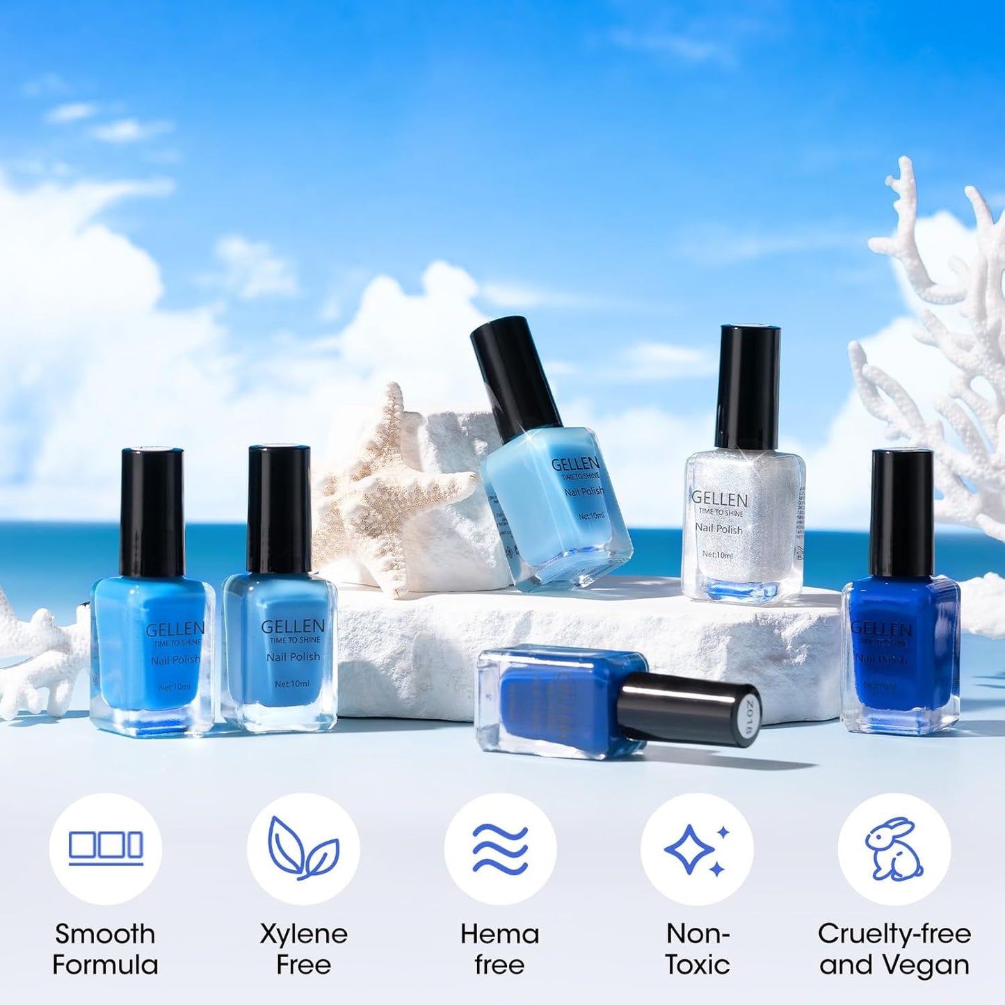 Gellen Blue Jelly Nail Polish, Sheer Nail Polish Quick Dry Summer 6 Colors Blue Glitter Set, Natural Traditional Regular Nails Polish for Acrylic Natural Nails Home Salon, No Gel, Hema Free, Non-toxic