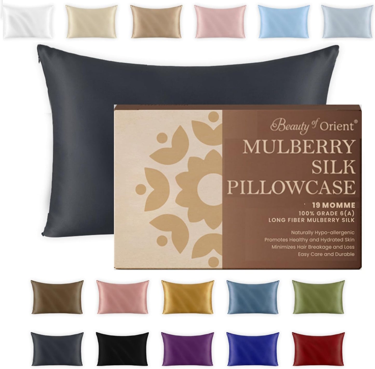 19 Momme Premium Mulberry Silk Pillowcase for Hair and Skin | Handcrafted Hypoallergenic & Anti-Acne 100% Silk Pillow Cases with Zipper | Queen - 20" x 30", Bedrock