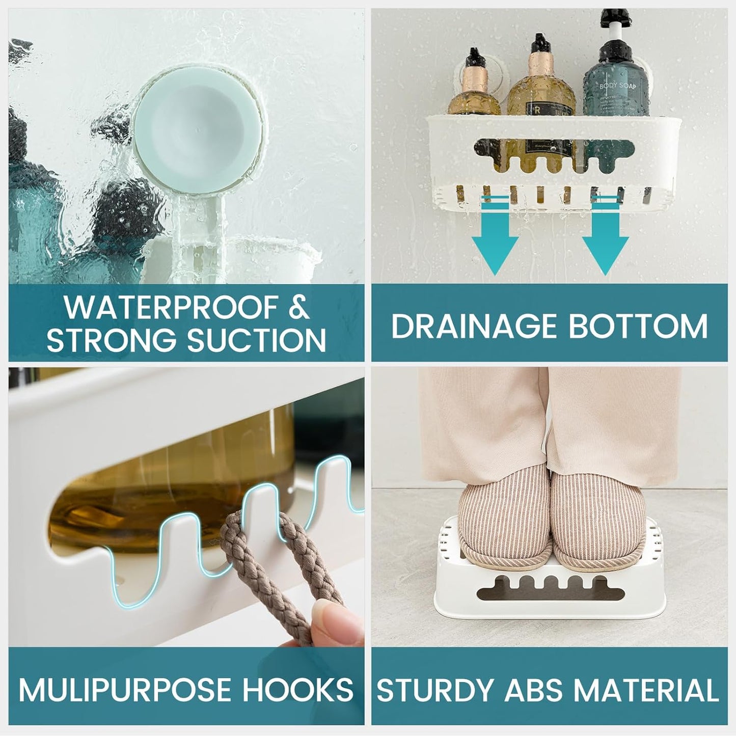 TAILI Shower Caddy Suction Cup 2 Pack, Heavy Duty Bathroom Organizer, Removable Shelves for Inside Shower, Shampoo, Waterproof Suction Plastic Storage for Bathroom Accessories Holder, White