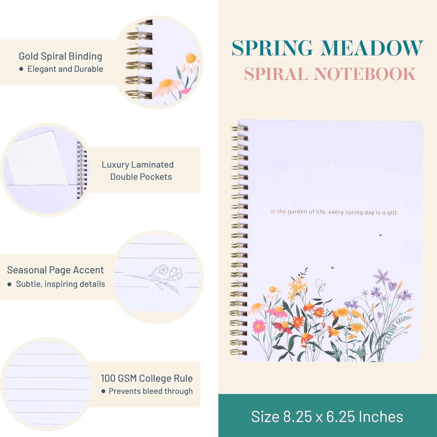Happy Hoos® Aesthetic Spiral Notebook - 6.25" x 8.25" College Ruled Journal Notebook - Hard Cover Writing Journal for Work, School, Travel, More - Floral Notebook 8 Seasonal Designs (Spring Meadow)
