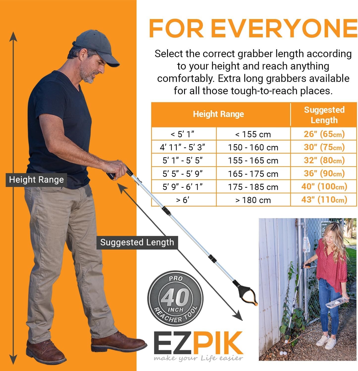 Ezpik 40" Long Extended Grabber Reacher Tool for Elderly - Trash Hand Grabber Pickup Sticks for Seniors - Telescoping Extension Grabber Claw Pickup Tool - Hand Extension Magnetic Folding Grabber 2pack