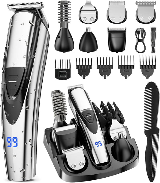 Electric Beard Trimmer for Men: 16-in-1 Professional Barber Hair Clippers - Cordless Grooming Kit - Turbo Speed & Precision Blades, Silver