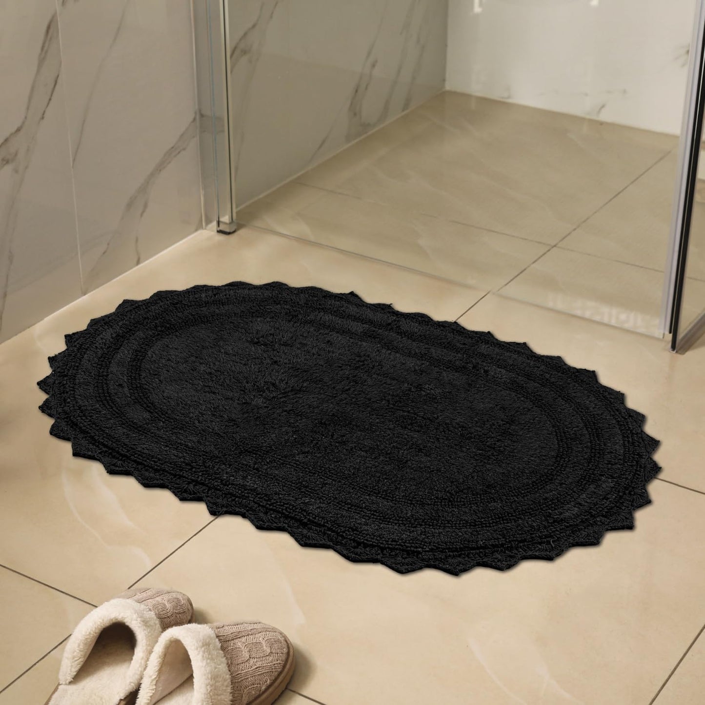 RAJRANG Black Oval Bathroom Rug | 34x21 Inches Soft Cotton Bath Mat with Crochet Pattern | Reversible, Absorbent, Boho Style Floor Mat for Bathroom, Spa or Entryway