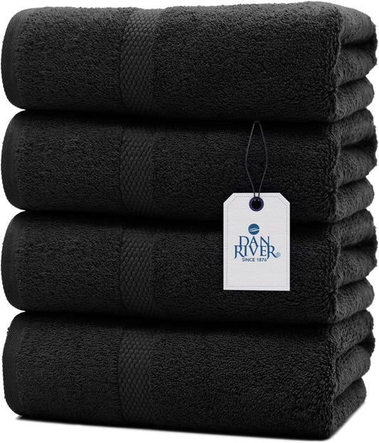 DAN RIVER Bath Towels Set of 4, 27 x 54 Inches, 100% Cotton, Larger & Lighter Weight, Quicker to Dry, Super Soft and Absorbent, Ideal Black Bath Towels for Daily Use